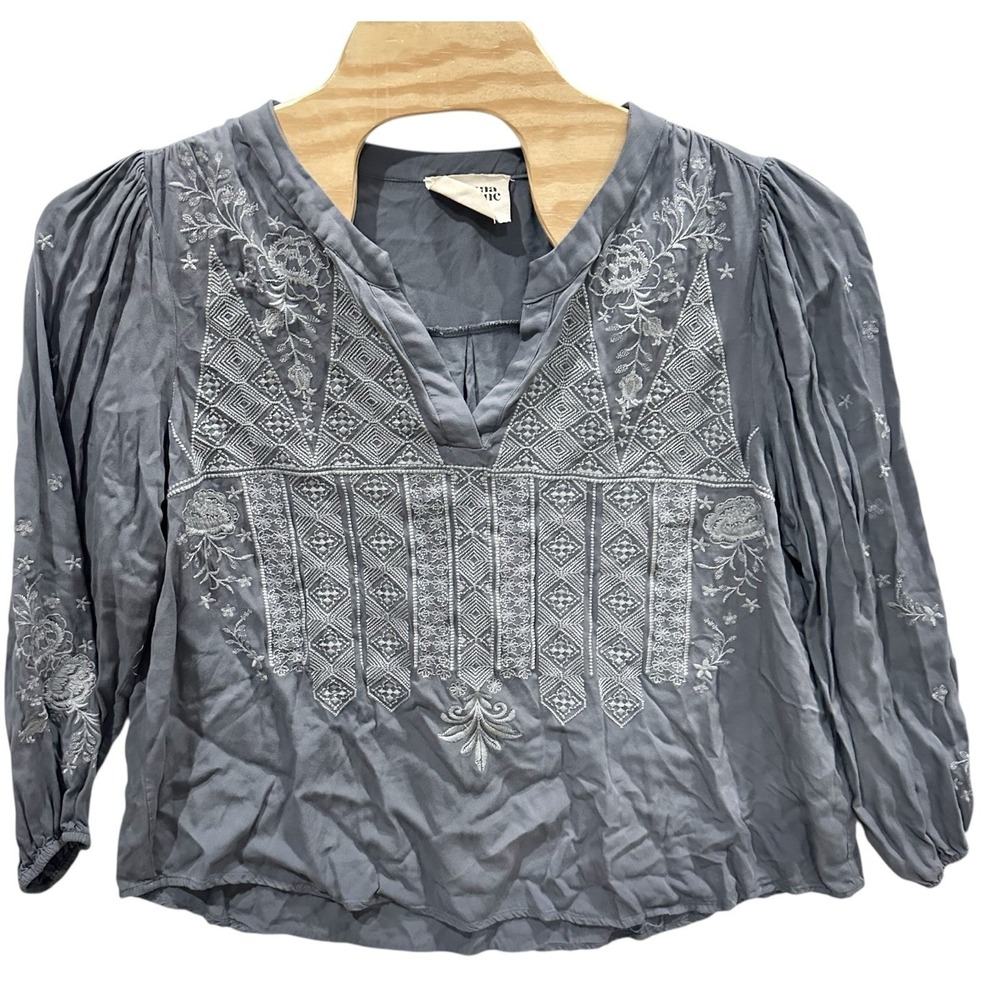 Savannah Jane‎ Womens Top Size 2X Embroidered Gray Long Sleeve Boho Peasant